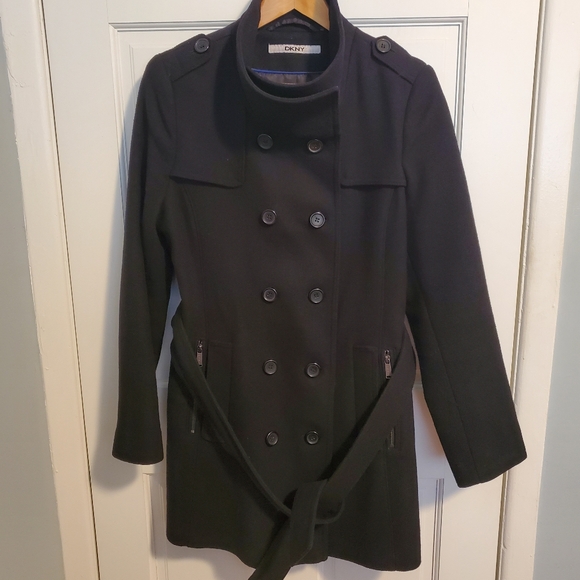 DKNY Women's Wool Blend Black Belted Trench Coat - Picture 5 of 14